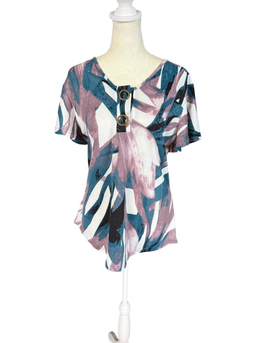 Liz & Lilli purple and turquoise short sleeve stretchy blouse size small